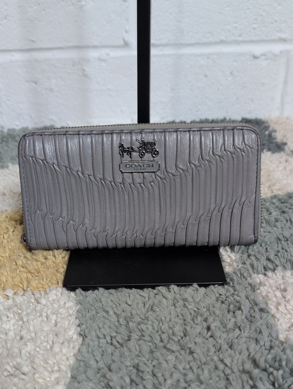 COACH Madison Pleated Gray Leather Accordion Zip Around Wallet